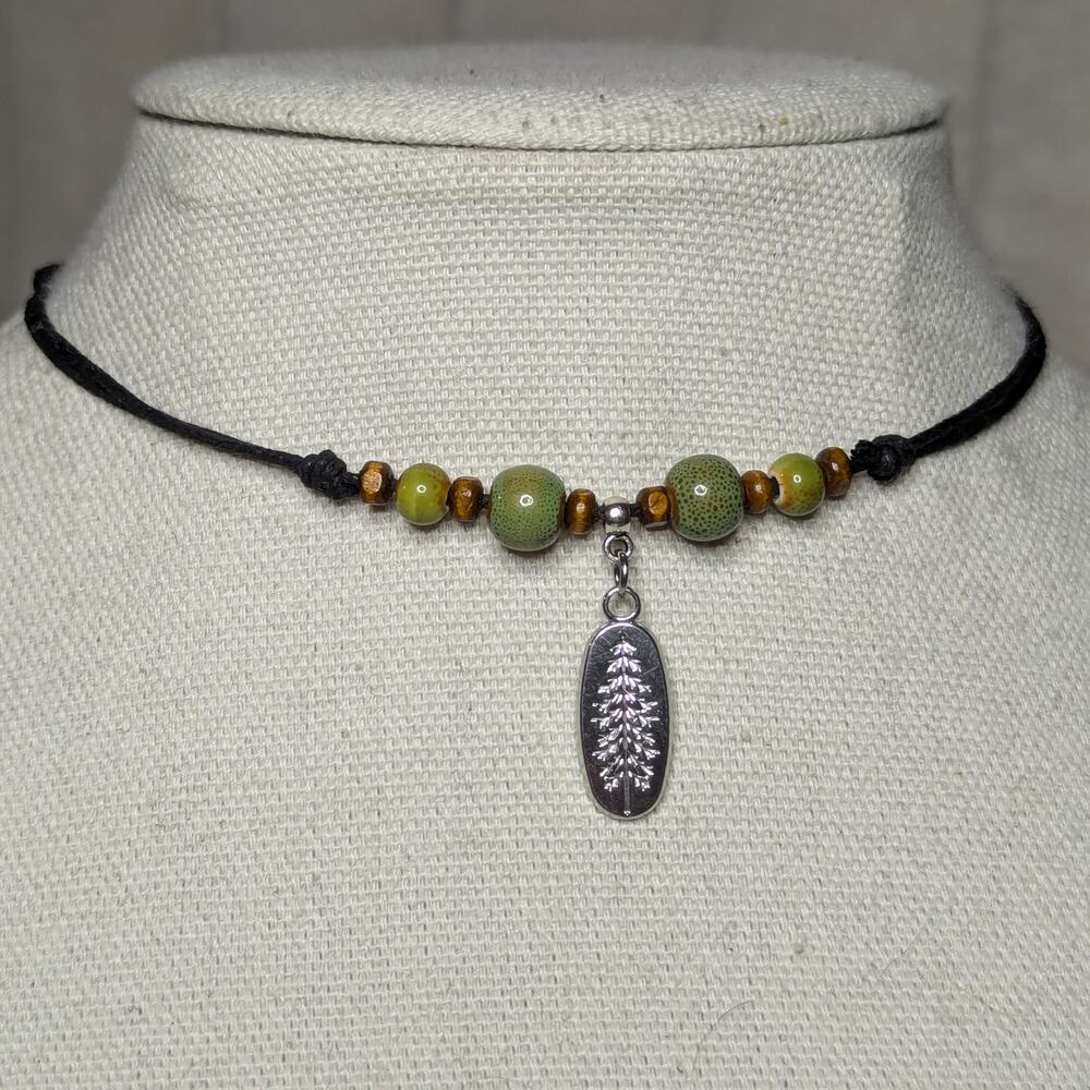 Pine Tree Charm Stainless Steel Ceramic Beaded Green Silver Boho Choker Necklace